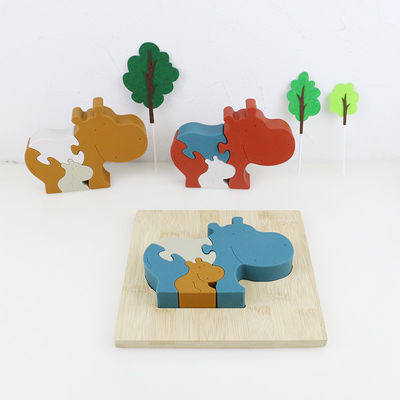 Silicone and wooden jigsaw puzzle standing animal hippo puzzle kid mainan anak untuk bermain anak