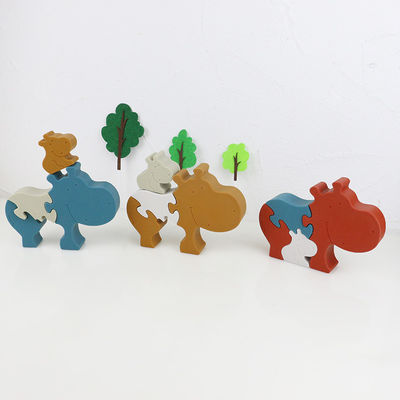 Silicone and wooden jigsaw puzzle standing animal hippo puzzle kid mainan anak untuk bermain anak