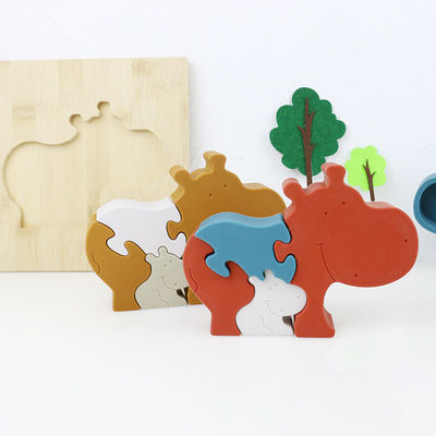 Silicone and wooden jigsaw puzzle standing animal hippo puzzle kid mainan anak untuk bermain anak