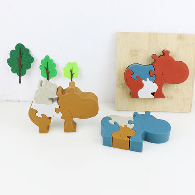 Silicone and wooden jigsaw puzzle standing animal hippo puzzle kid mainan anak untuk bermain anak