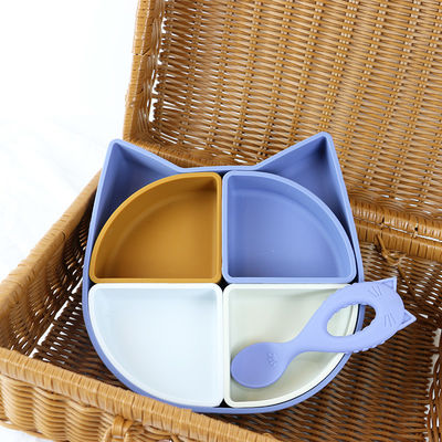 Cat Shape Silikon Perlengkapan Meja Set, Silikon Terbagi Cat Plates Cat Shape sendok Non Toxic BPA Bebas