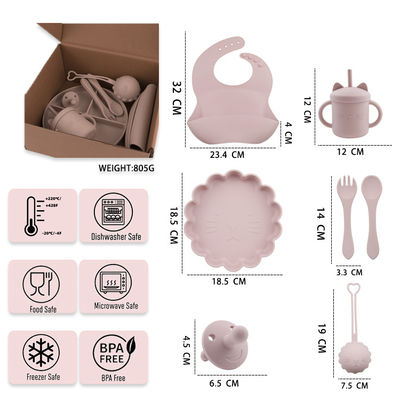 Paket kotak khusus untuk anak-anak balita Silicone Tableware Set Dengan Cup Plate Bowl Spoon Fork Bib