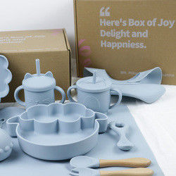 Paket kotak khusus untuk anak-anak balita Silicone Tableware Set Dengan Cup Plate Bowl Spoon Fork Bib