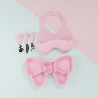 Baby Geschirr Weaning Silicone Tableware Set Bib Plate Stainless Steel Sendok Pisau Garpu