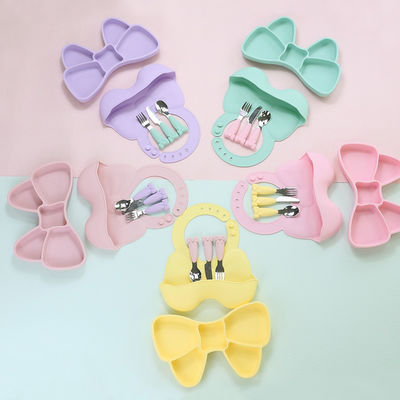 Baby Geschirr Weaning Silicone Tableware Set Bib Plate Stainless Steel Sendok Pisau Garpu
