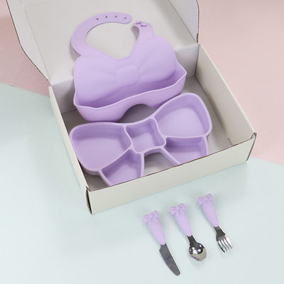 Baby Geschirr Weaning Silicone Tableware Set Bib Plate Stainless Steel Sendok Pisau Garpu