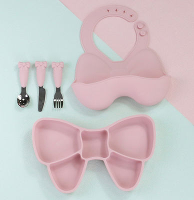 Bow Knot Baby Feeding Suction Plate Cute Bib Dan Cartoon Spoon Fork Dish Set