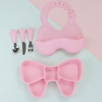 Bow Knot Baby Feeding Suction Plate Cute Bib Dan Cartoon Spoon Fork Dish Set