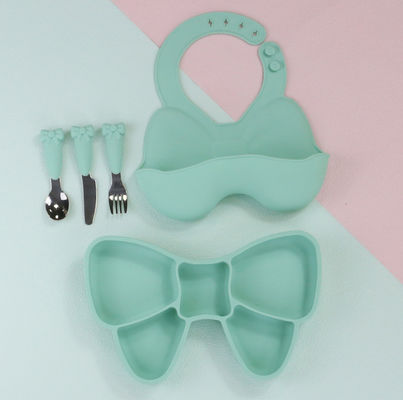 Bow Knot Baby Feeding Suction Plate Cute Bib Dan Cartoon Spoon Fork Dish Set