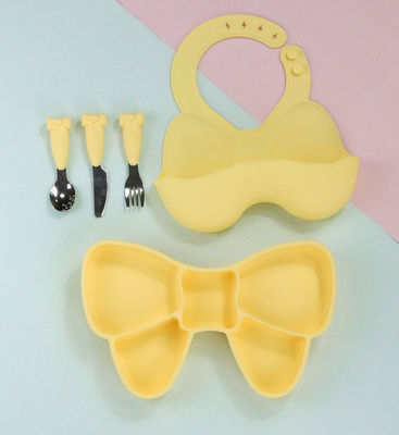Bow Knot Baby Feeding Suction Plate Cute Bib Dan Cartoon Spoon Fork Dish Set