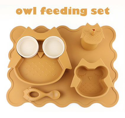 Set Peralatan Makan Silikon Lembut Tahan Lama Piring Burung Hantu Sendok Mangkuk Bib Sippy Cup