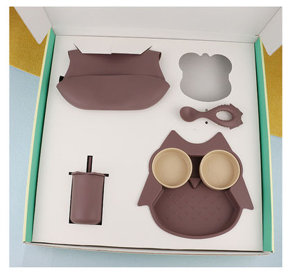 Set Peralatan Makan Silikon Lembut Tahan Lama Piring Burung Hantu Sendok Mangkuk Bib Sippy Cup