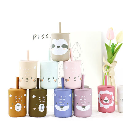 Fleksibilitas tinggi pencetakan hewan Silikon Anak-anak cangkir sippy dengan jerami - Kapasitas 200ml - Ideal untuk minum