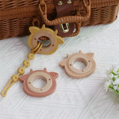Multifunctional Silicone Baby Teether Dengan Teething Tempel Kayu Ring Animal Pattern