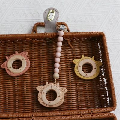 Multifunctional Silicone Baby Teether Dengan Teething Tempel Kayu Ring Animal Pattern
